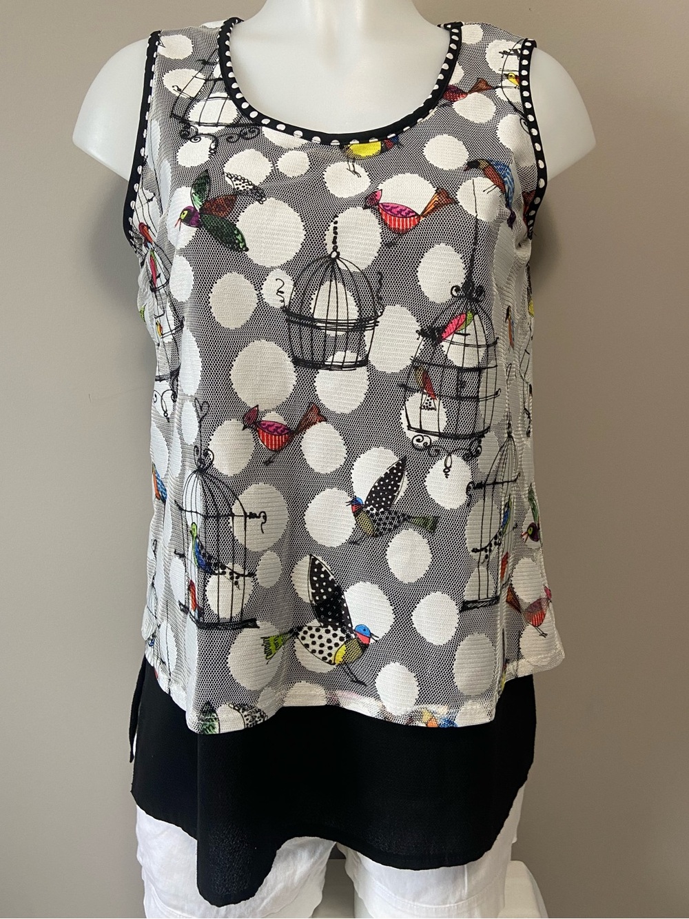 Polka Bird Print Layered Tank Top - Gray/Black
